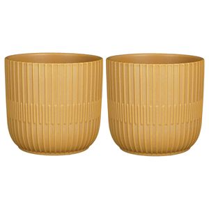 2x Stuks Plantenpot/bloempot keramiek mat okergeel stripes patroon - D17.5/H16 cm