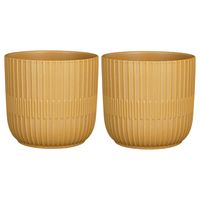 2x Stuks Plantenpot/bloempot keramiek mat okergeel stripes patroon - D17.5/H16 cm - thumbnail