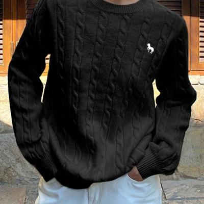 Bon&Bon Women's Navy Blue Polo Collar Cable-Knit Embroidered Sweater Black / M