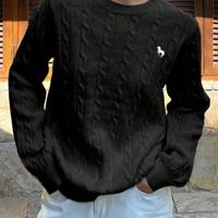 Bon&Bon Women's Navy Blue Polo Collar Cable-Knit Embroidered Sweater Black / M