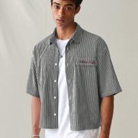 Bon&Bon Men's Striped Short Sleeve Shirt | Loose Fit Casual Blue Top Black and White / L