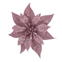 1x stuks decoratie bloemen kerstster roze glitter op clip 18 cm