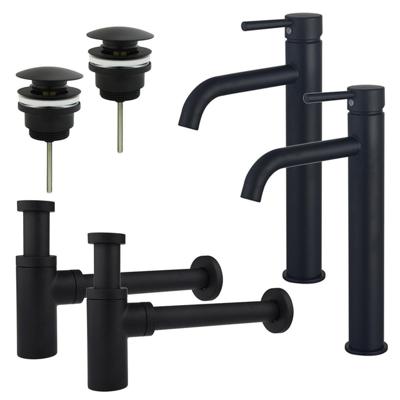 Fortifura Calvi Wastafelkraanset - voor dubbele wastafel - verhoogde wastafelkraan - klikwaste plug - design sifon - Mat zwart 2x SW377834/2x SW696199/2x SW696210