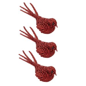 12x stuks decoratie vogels op clip glitter rood 16 cm