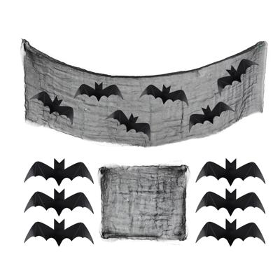 Horror/Halloween decoratie net/banner - 40 x 260 cm - zwart - 6x Vleermuizen - Spooky scene