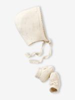 Babyset muts en sloffen baby geboorte in ajour gebreid ecru
