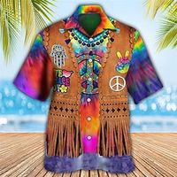 Voor heren Overhemd Hawaiiaans overhemd Grafische prints Hippie Cubaanse kraag Geel Zwart / Bruin Bruin Koffie Blauw blauw Buiten Casual Korte mouw Afdrukken Kleding Sport Modieus Streetwear Lightinthebox - thumbnail