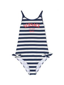 Versace Kids maillot de bain rayé à logo imprimé - Bleu