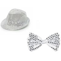 Party verkleed hoedje en strikje zilver glitters - Verkleedhoofddeksels - thumbnail