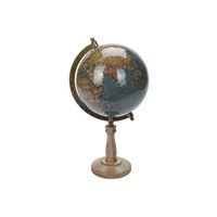 Decoratie wereldbol/globe blauw op mangohouten voet 16 x 32 cm - thumbnail