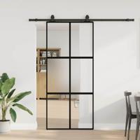 Schuifdeur met beslagset 90x205 cm gehard glas zwart
