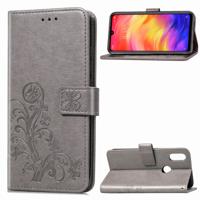 Lucky Clover ingedrukt bloemen patroon lederen draagtas voor Xiaomi Redmi opmerking 7 met houder & kaartsleuven & portemonnee & hand strap (grijs)