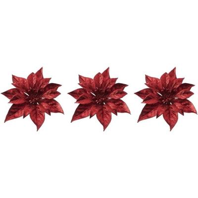 Cosy & Trendy Kerstboomversiering - 3x - bloem - op clip - rode kerstster - 18 cm