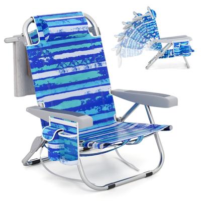 Strandstoel met Verstelbare Rugleuning 5-Standen Opvouwbare Ligstoel met Bekerhouder Opbergvakken Schouderriemen Donkerblauw