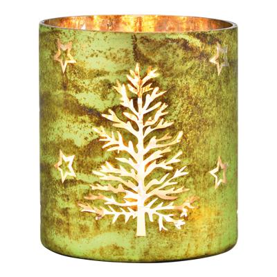 Windlicht met boom- en sterdecor van groen glas (B/H/D) 15x17x15 cm