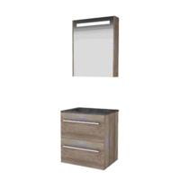 Basic-Line Premium 46 Badkamermeubelset - 60 x 46 cm - Met Grepen - 2 Lades - Hardstenen Wastafel - Zonder Kraangat - Spiegelkast met LED Verlichting - Scotch Oak
