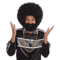 Zwarte ronde afro pruik met baard