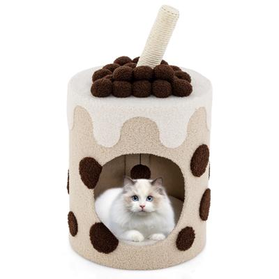 Huismand voor Katten - Verwijderbaar Kussen 360° Draaibare Krabpaal Schattige Kopvorm Hangende Pompon - Beige