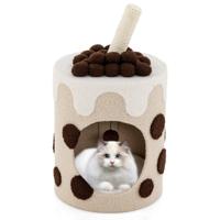 Huismand voor Katten - Verwijderbaar Kussen 360° Draaibare Krabpaal Schattige Kopvorm Hangende Pompon - Beige