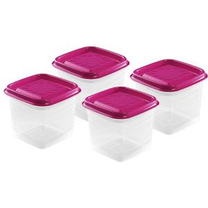 Vershoudbakjes Hega - set van 4x stuks - 0.7 liter - transparant/fuchsia - L11 x B11 x H12 cm