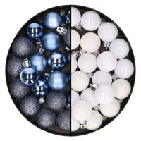 Kleine kunststof kerstversiering 40x stuks set en 3 cm kerstballen in het wit en donkerblauw - Kerstbal