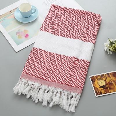 Gestreepte katoenen badhanddoek met kwastjes dun reizen camping Bad sauna strand Gym zwembad deken absorberend Easy Care (rood)
