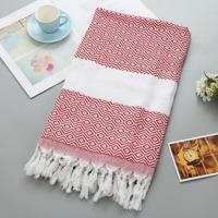 Gestreepte katoenen badhanddoek met kwastjes dun reizen camping Bad sauna strand Gym zwembad deken absorberend Easy Care (rood)