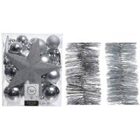 Kerstversiering kerstballen 5-6-8 cm met ster piek en folieslingers pakket zilver van 35x stuks - Kerstbal - thumbnail