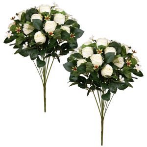 Kunstbloemen boeket rozen met bladgroen - 2x - wit - H49 cm - Bloemstuk