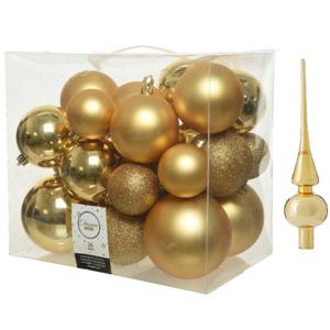 Kerstversiering kunststof kerstballen met piek goud 6-8-10 cm pakket van 27x stuks - Kerstbal