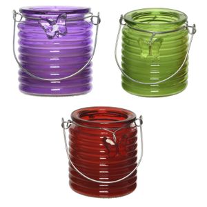 Citronella windlicht met kaars - 3x - paars/groen en rood - 20 branduren - citrusgeur