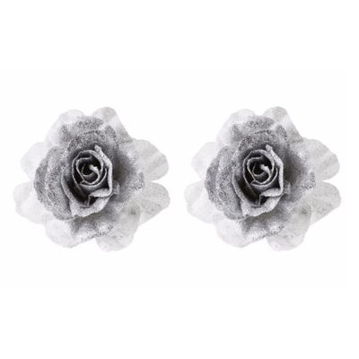 5x Kerstboomversiering bloem op clip zilver/wit kerstbloem 18 cm 5x Kerstboomversiering bloem op clip zilver/wit kerstbloem 18 cm