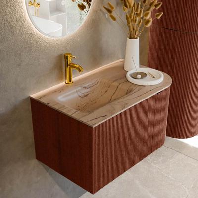 Badmeubel Mondiaz Kurve-Dlux | 75 cm | Meubelkleur Ruby | Wastafelkleur Arena | Solid surface | Wasbak linker zijde spoelbak | 1 kraangat