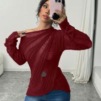 Bon&Bon Women's Asymmetrical Neck Hollow Knit Sweater - Grey Slim Fit Burgundy / L