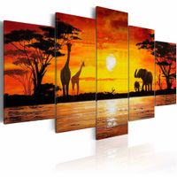 Schilderij - Hot Safari - Afrika, Oranje/Geel,  5luik, wanddecoratie