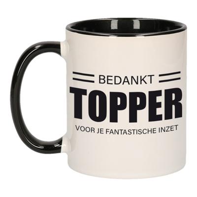 Collega cadeau koffiemok - beker - Bedankt Topper - voor je fantastische inzet - zwart/wit