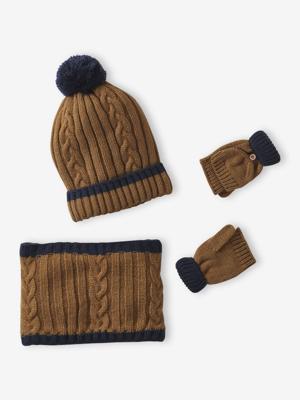 Gedraaide jongens babyset muts + snood + wanten/handschoenen okergeel