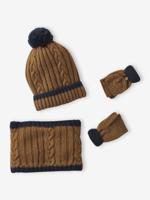 Gedraaide jongens babyset muts + snood + wanten/handschoenen okergeel