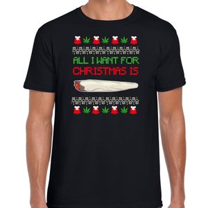 Foute kersttrui t-shirt voor heren - All I want for Christmas is wiet - zwart - joint