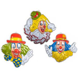 Carnaval/party decoratie borden - 3x Clown hoofden - wand/muur versiering - 50 x 50 cm - plastic