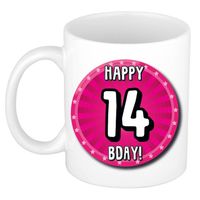 Bellatio Decorations Verjaardag cadeau mok 14 jaar - roze - wiel - 300 ml - keramiek - feest mokken - thumbnail