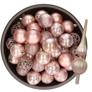 Kerstversiering set - 38-dlg - lichtroze - kunststof kerstballen en glazen luxe piek