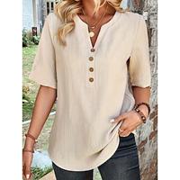 Dames Overhemd Blouse Geklede topjes Katoenmix Effen Kleur nappi Dagelijks Basic Korte mouw Gekerfde nek Beige Zomer Lightinthebox