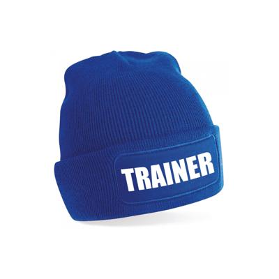 Muts tekst trainer - blauw - voor volwassenen - Cadeau trainer / coach - wintermutsen