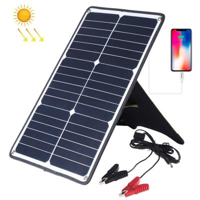 HAWEEL draagbare 20W monokristallijne silicium zonne-energie paneel lader met USB-poort & houder & Tiger clip ondersteuning QC 3.0 en AFC (zwart)