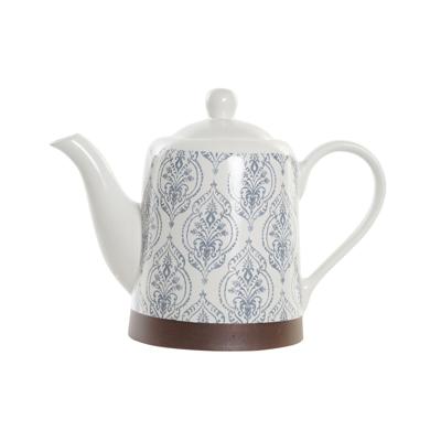 Theepot DKD Home Decor Blauw Wit Bruin Rubberwood Keramiek