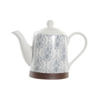 Theepot DKD Home Decor Blauw Wit Bruin Rubberwood Keramiek