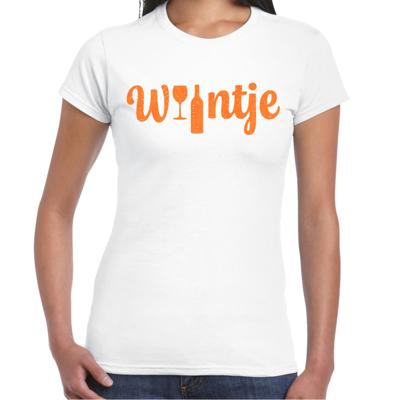 Koningsdag verkleed t-shirt dames - wijntje - met fles en glas - glitter oranje - wit