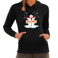 Sneeuwpop Merry Christmas foute Kerst hoodie / hooded sweater zwart voor dames - thumbnail