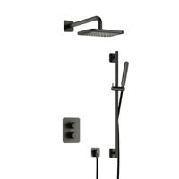Hotbath Gal - Inbouw Regendoucheset - Geborsteld Gunmetal PVD - Thermostatisch - Wandarm 35 cm - Hoofddouche 220 mm - Staafhanddouche - Glijstang 900 mm - met 2-Weg Stop-Omstel